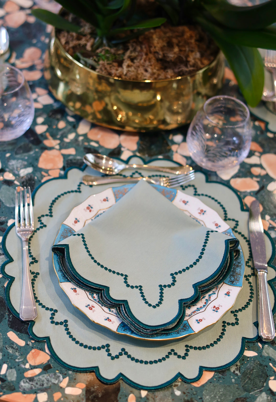 Ana Mint w/ Teal Trim Napkins(Set of 4)