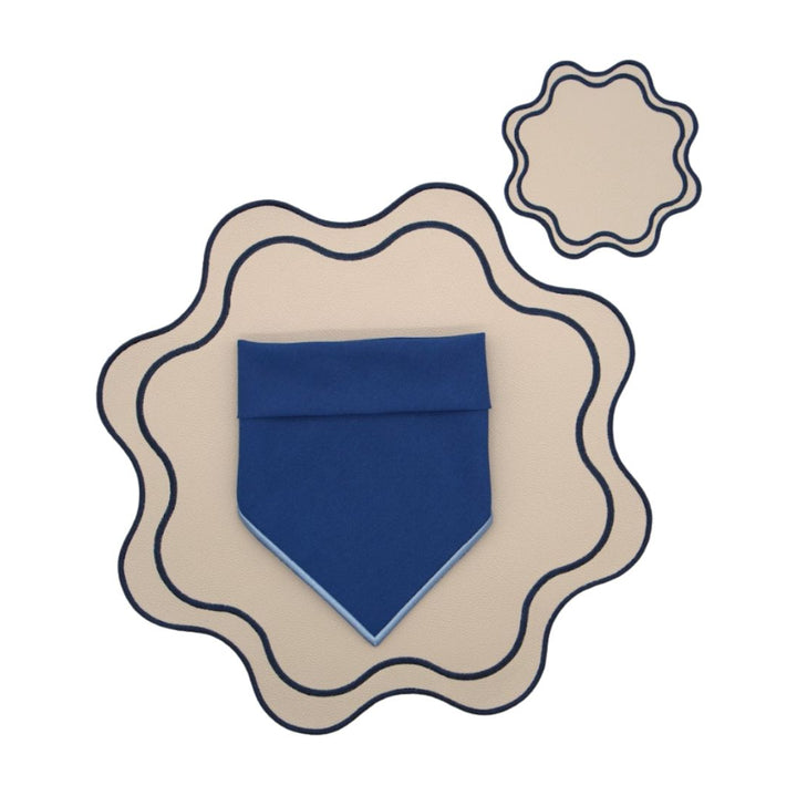 Isabella Reversible Spillproof Placemats + Coasters+ Napkins Bundle – Blue & Navy (Set of 4)
