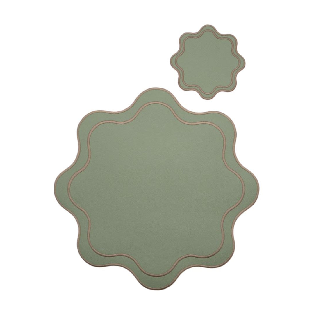 Isabella Reversible Spillproof Placemats + Coasters Bundle – Pistachio & Beige Trim (Set of 4)