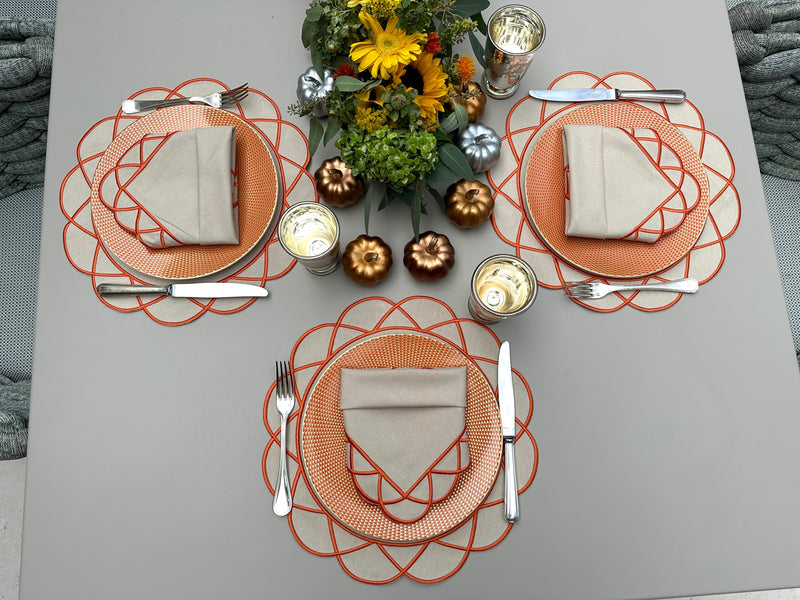 Elisa Napkins Beige w/ Orange Trim Combo: 4 Napkins + 4 Placemats + 4 Coasters