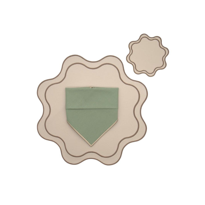 Isabella Reversible Spillproof Placemats + Coasters + Napkins Bundle – Pistachio & Beige Trim (Set of 4)