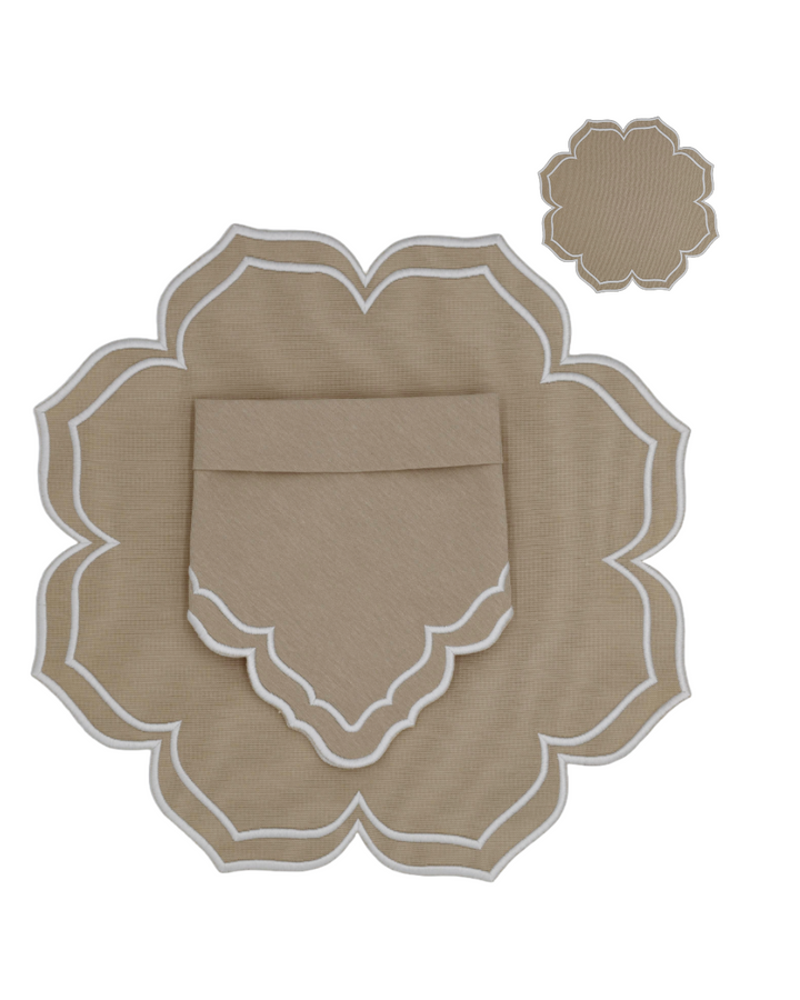 Dalia Beige w/ White Trim Bundle(4 Placemats + 4 Napkins + 4 Coasters)