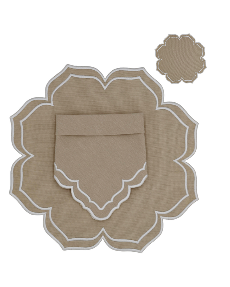 Dalia Beige w/ White Trim Combo (4 Placemats + 4 Napkins + 4 Coasters)