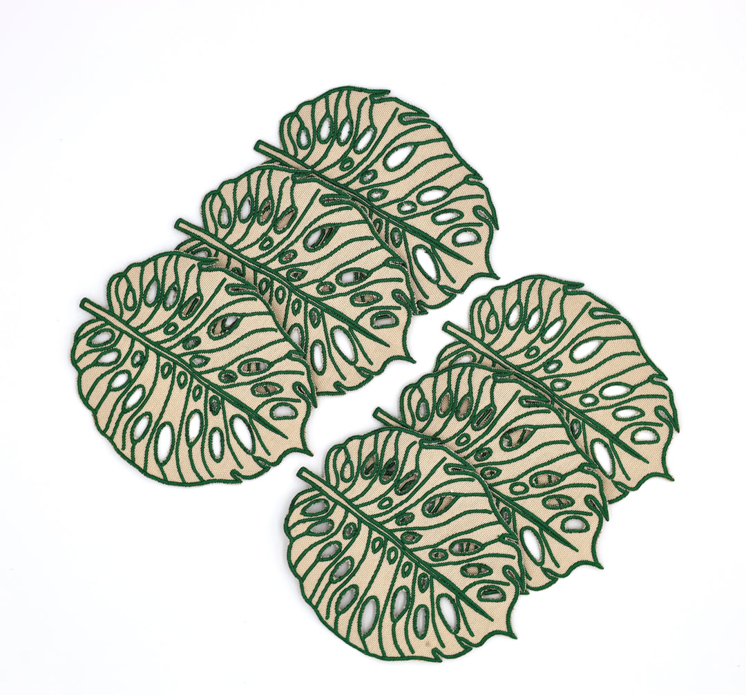 🌿 Hojas Cocktail Napkins Beige w/ Green Trim (Set of 4)
