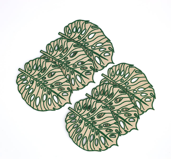 🌿 Hojas Cocktail Napkins Beige w/ Green Trim (Set of 4)