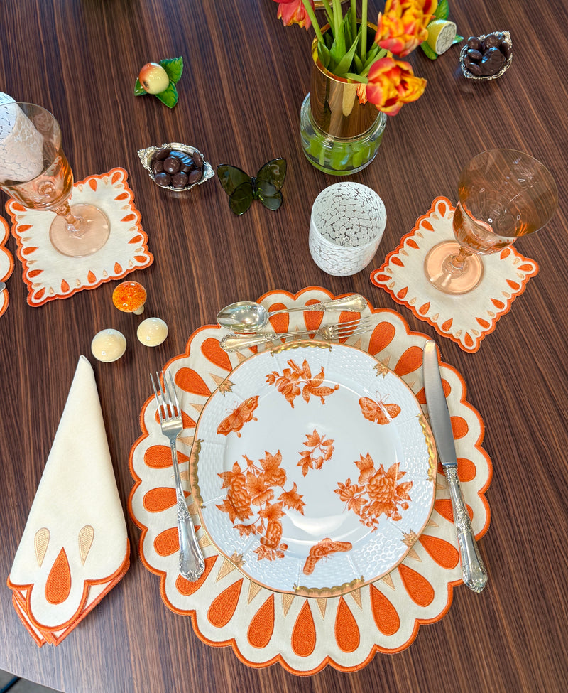 Manuela Bundle- Placemats + Napkins + Coasters Ivory/Orange (Set of 4)