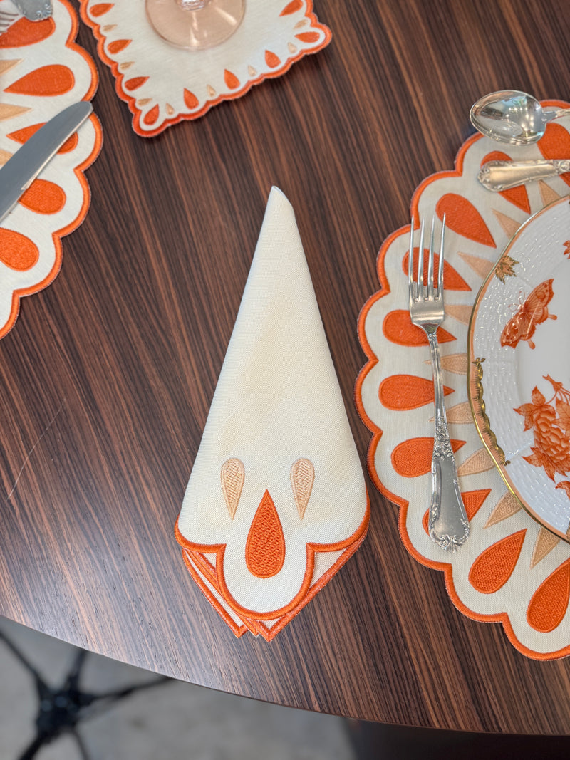 Manuela Bundle- Placemats + Napkins + Coasters Ivory/Orange (Set of 4)