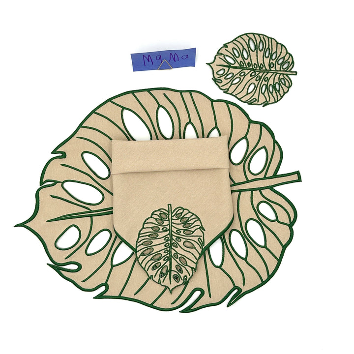 Hojas Beige/Green Bundle- Placemats + Napkins + Coasters (Set of 4)
