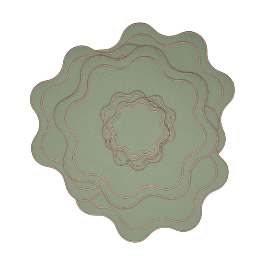 Isabella Reversible Spillproof Placemats + Coasters Bundle – Pistachio & Beige Trim (Set of 4)