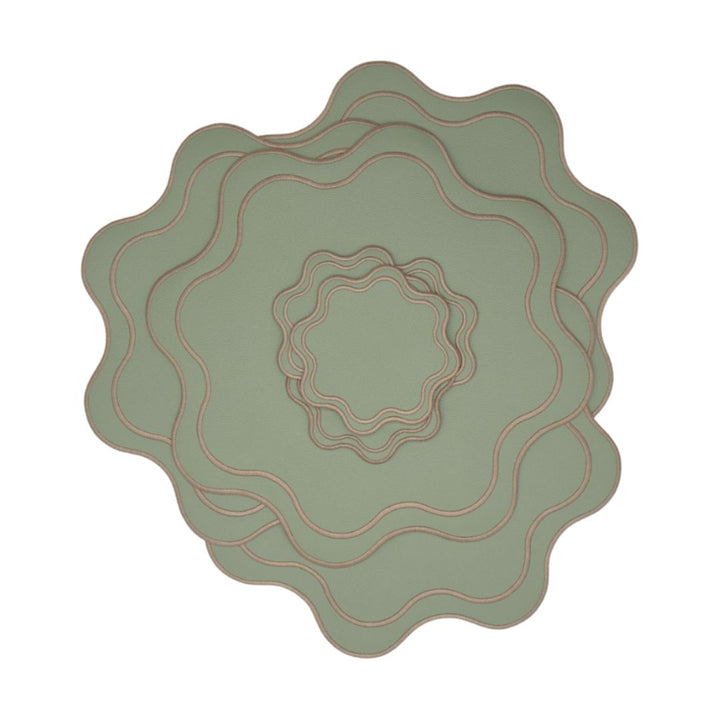 Isabella Reversible Spillproof Placemats + Coasters Bundle – Pistachio & Beige Trim (Set of 4)