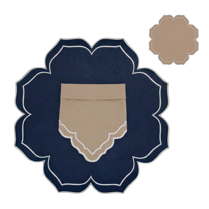 Dalia Reversible Spillproof Placemats + Napkins + Coasters  Bundle – Beige & Navy (Set of 4)