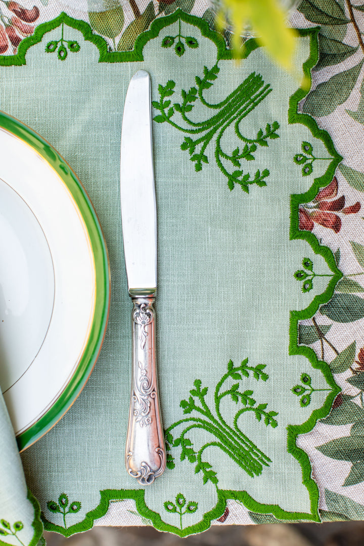 Valentina Spillproof Linen Placemats- Blue w/ Green Trim (Set of 4)