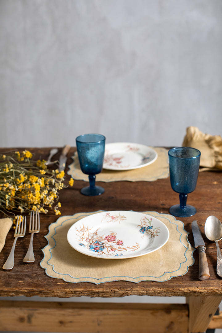 Fernanda Spillproof Linen Placemats- Yellow w/ Blue Trim (Set of 4)