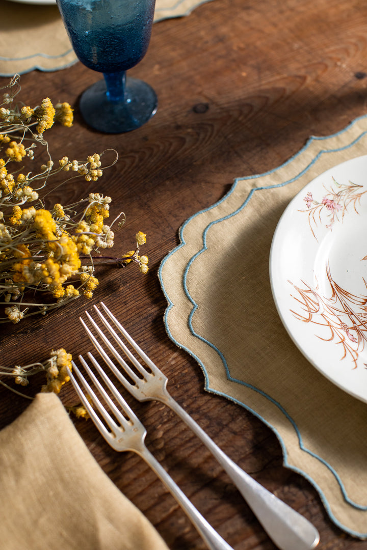 Fernanda Spillproof Linen Placemats- Yellow w/ Blue Trim (Set of 4)
