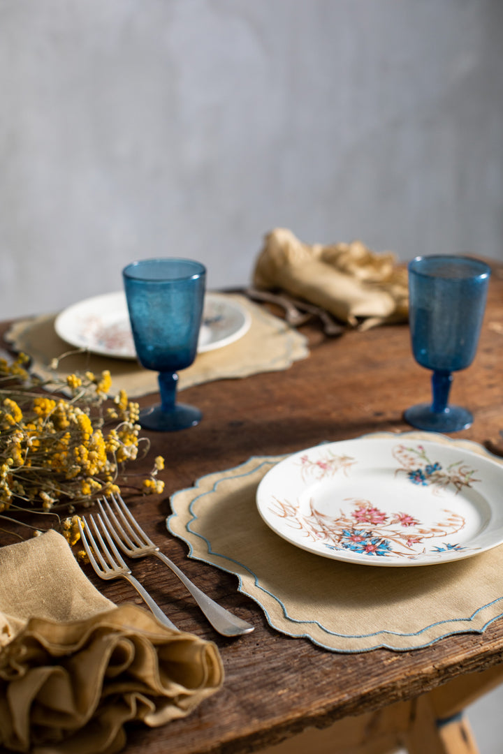 Fernanda Spillproof Linen Placemats- Yellow w/ Blue Trim (Set of 4)