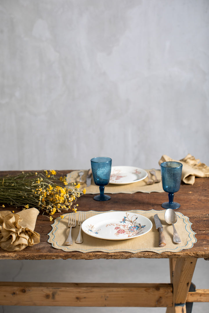 Fernanda Spillproof Linen Placemats- Yellow w/ Blue Trim (Set of 4)