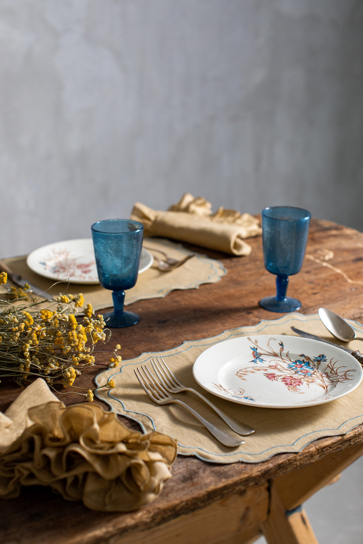 Fernanda Spillproof Linen Placemats- Yellow w/ Blue Trim (Set of 4)