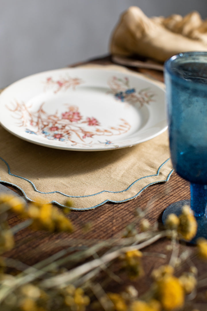 Fernanda Spillproof Linen Placemats- Yellow w/ Blue Trim (Set of 4)
