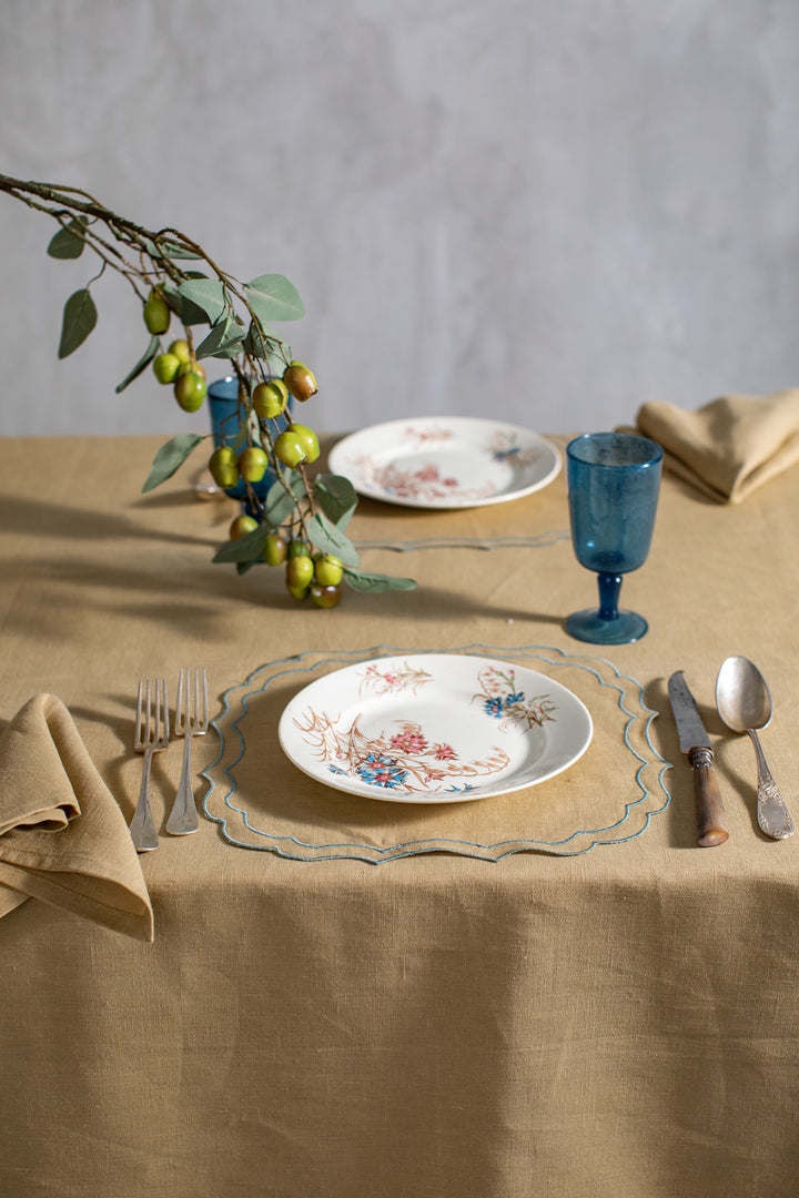 Fernanda Spillproof Linen Placemats- Yellow w/ Blue Trim (Set of 4)