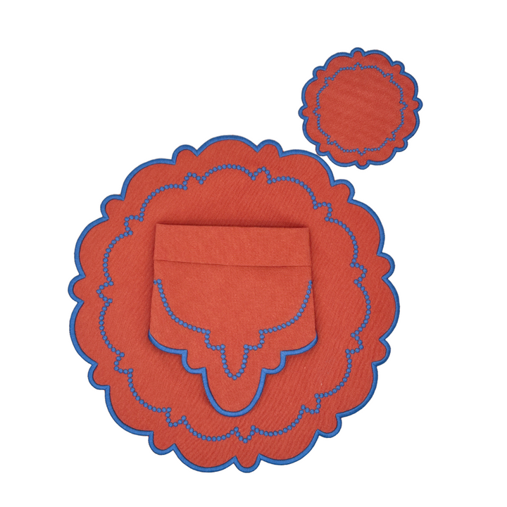 Ana Rust w/ Royal Trim Bundle(4 Placemats + 4 Napkins + 4 Coasters)