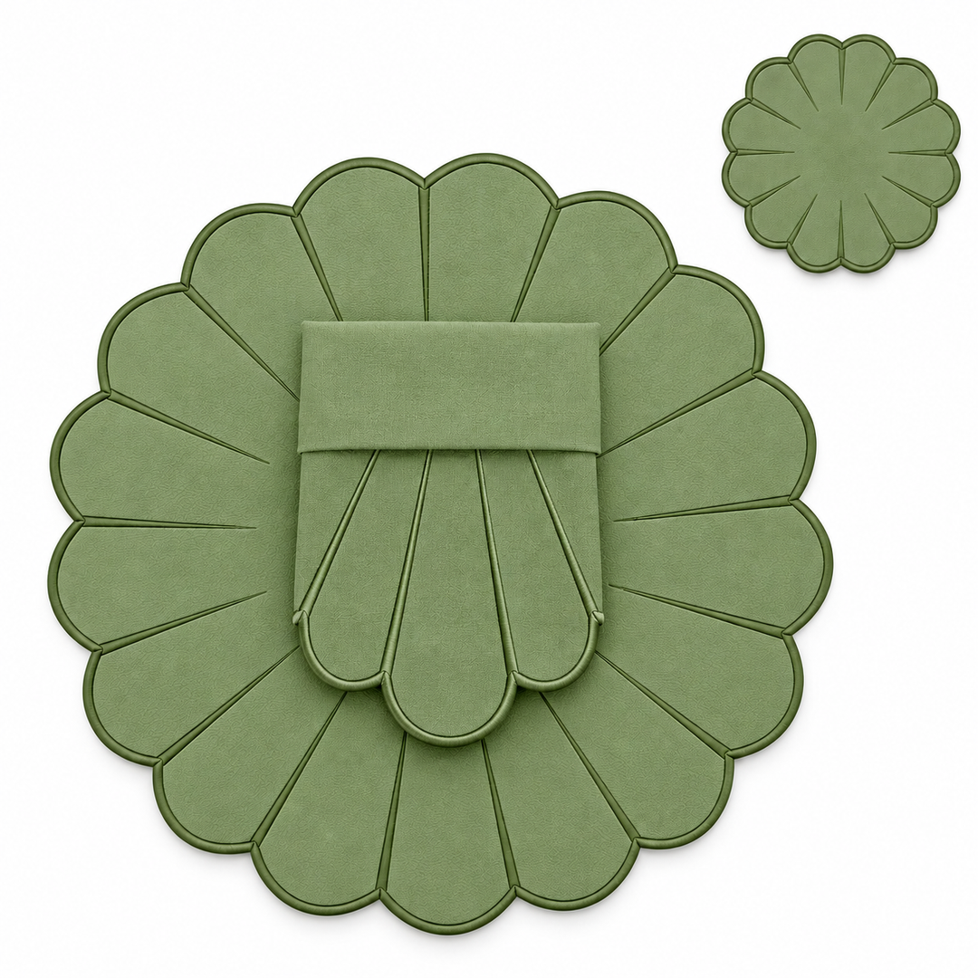 Elena Reversible Spillproof Placemats + Napkins + Coasters – Mint & Green Trim (Set of 4)