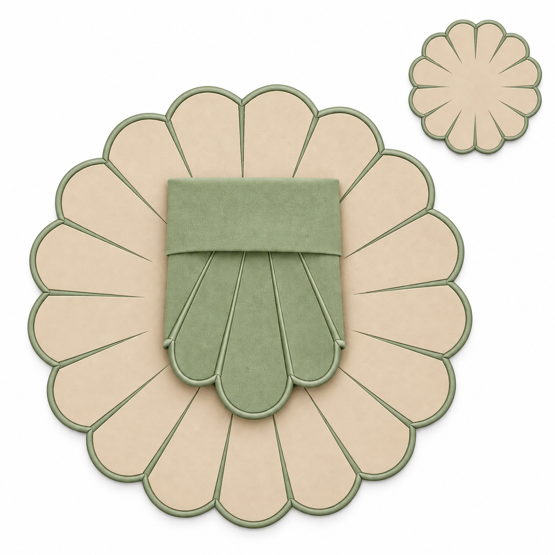 Elena Reversible Spillproof Placemats + Napkins + Coasters – Mint & Green Trim (Set of 4)