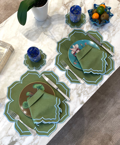 Dalia Green w/ Mint Trim Bundle(4 Placemats + 4 Napkins + 4 Coasters)