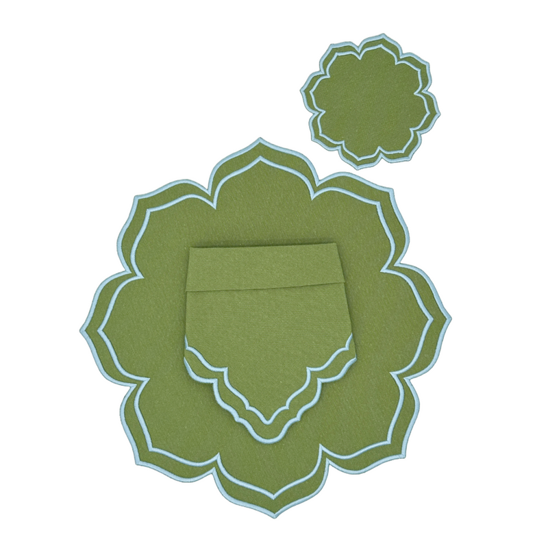 Dalia Green w/ Mint Trim Combo (4 Placemats + 4 Napkins + 4 Coasters)