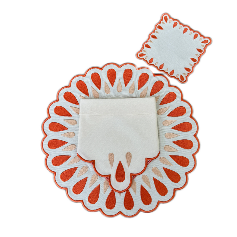 Manuela Bundle- Placemats + Napkins + Coasters Ivory/Orange (Set of 4)