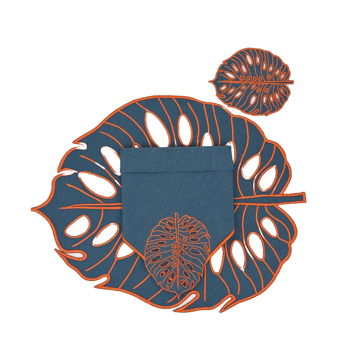 Hojas Navy Blue w/ Orange Trim Bundle(4 Placemats + 4 Napkins + 4 Coasters)