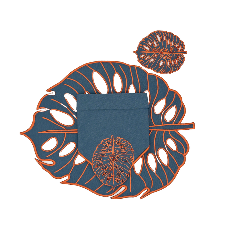 Hojas Navy Blue w/ Orange Trim Combo (4 Placemats + 4 Napkins + 4 Coasters)