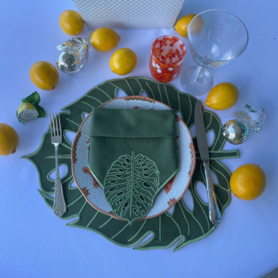 Hojas Green Combo- Placemats + Napkins + Coasters (Set of 4)