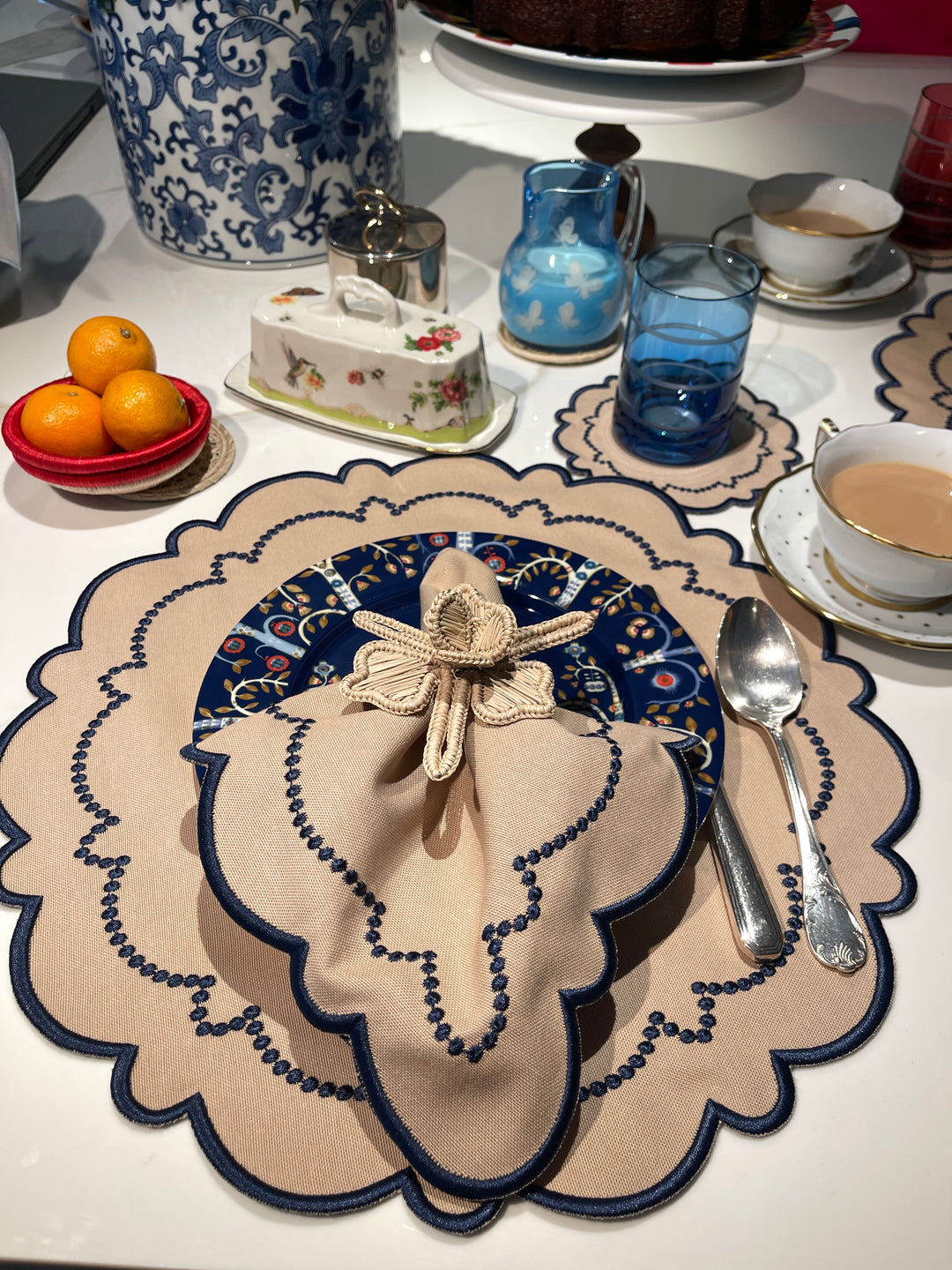 Ana Beige w/ Navy Trim Napkins (Set of 4)