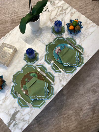 Dalia Green w/ Mint Trim Bundle(4 Placemats + 4 Napkins + 4 Coasters)