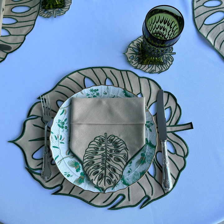 Hojas Beige/Green Bundle- Placemats + Napkins + Coasters (Set of 4)