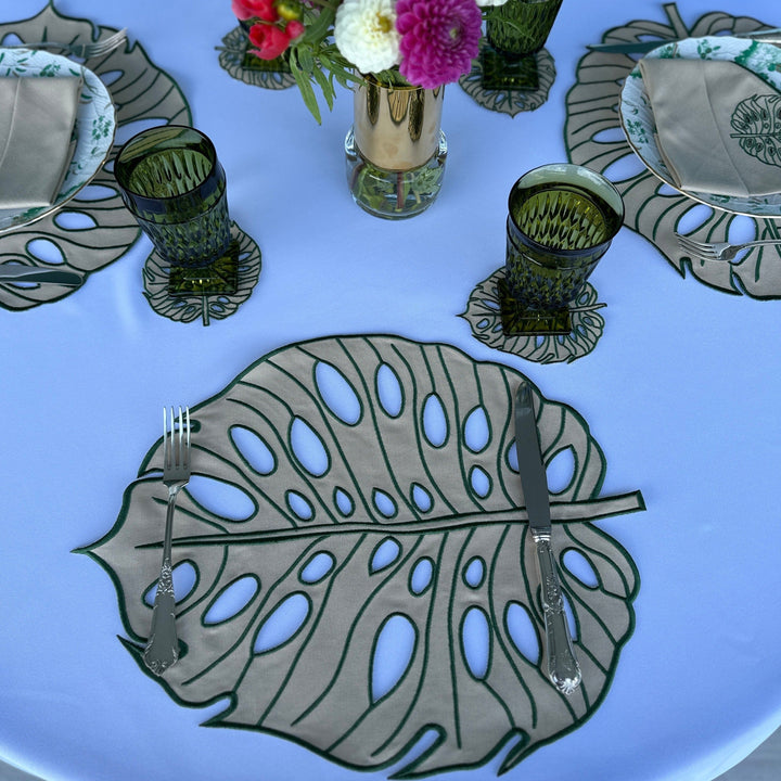 Hojas Beige/Green Bundle- Placemats + Napkins + Coasters (Set of 4)