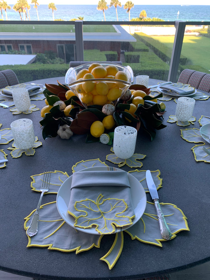 Maple Leaf Gray w/ Yellow Trim Bundle(4 Placemats + 4 Napkins + 4 Coasters)