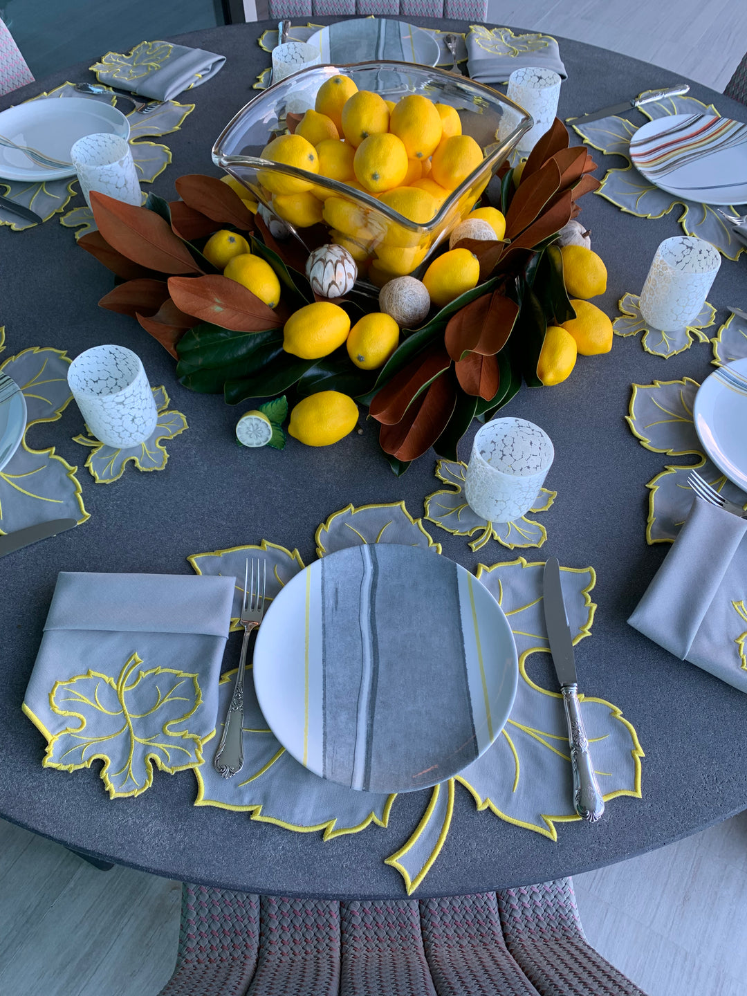 Maple Leaf Gray w/ Yellow Trim Bundle(4 Placemats + 4 Napkins + 4 Coasters)