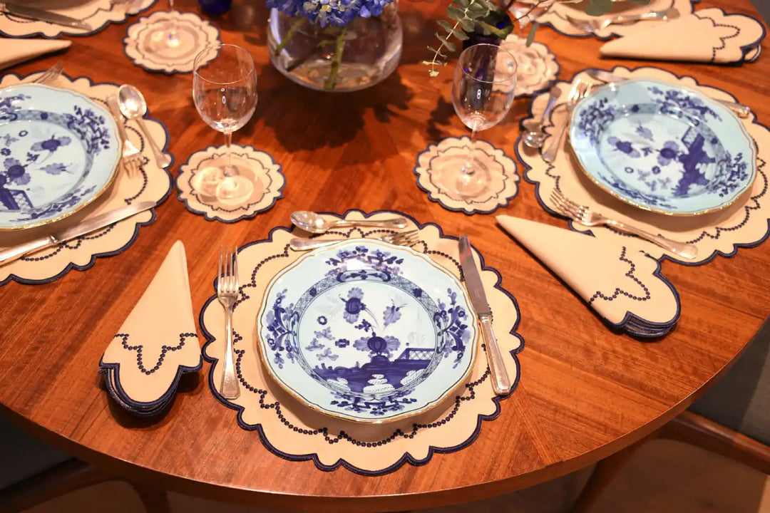 Ana Beige w/ Navy Trim Napkins (Set of 4)