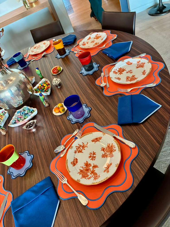 Isabella Reversible Spillproof Placemats – Orange & Blue Trim (Set of 4)