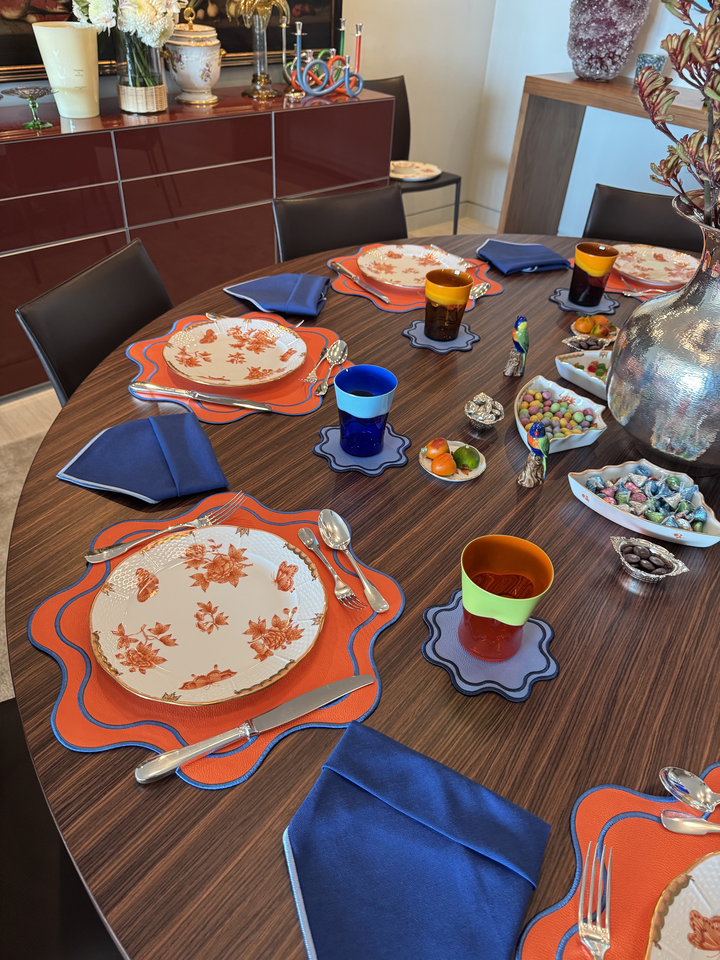 Isabella Reversible Spillproof Placemats – Orange & Blue Trim (Set of 4)