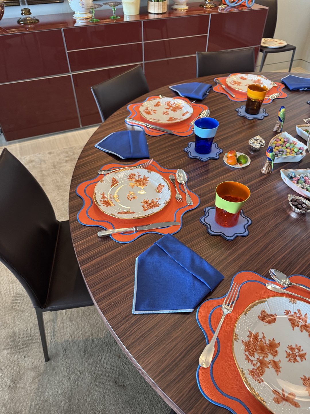 Isabella Reversible Spillproof Placemats – Orange & Blue Trim (Set of 4)