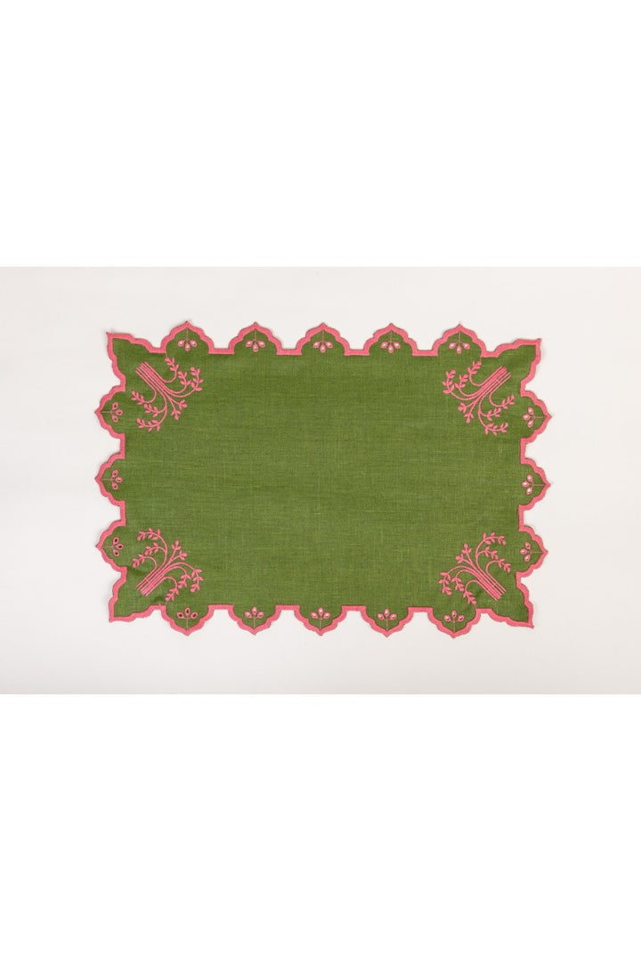Valentina Spillproof Linen Placemats- Green w/ Fucsia Trim (Set of 4)
