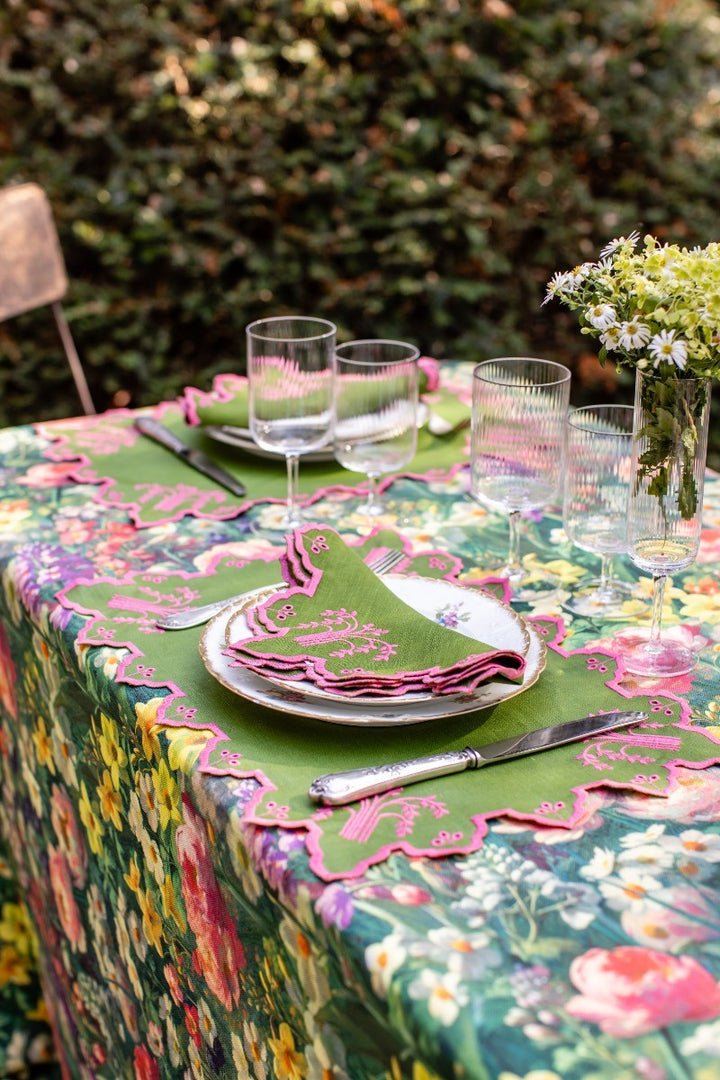 Valentina Linen Napkins- Green w/ Fuchsia Trim (Set of 4)