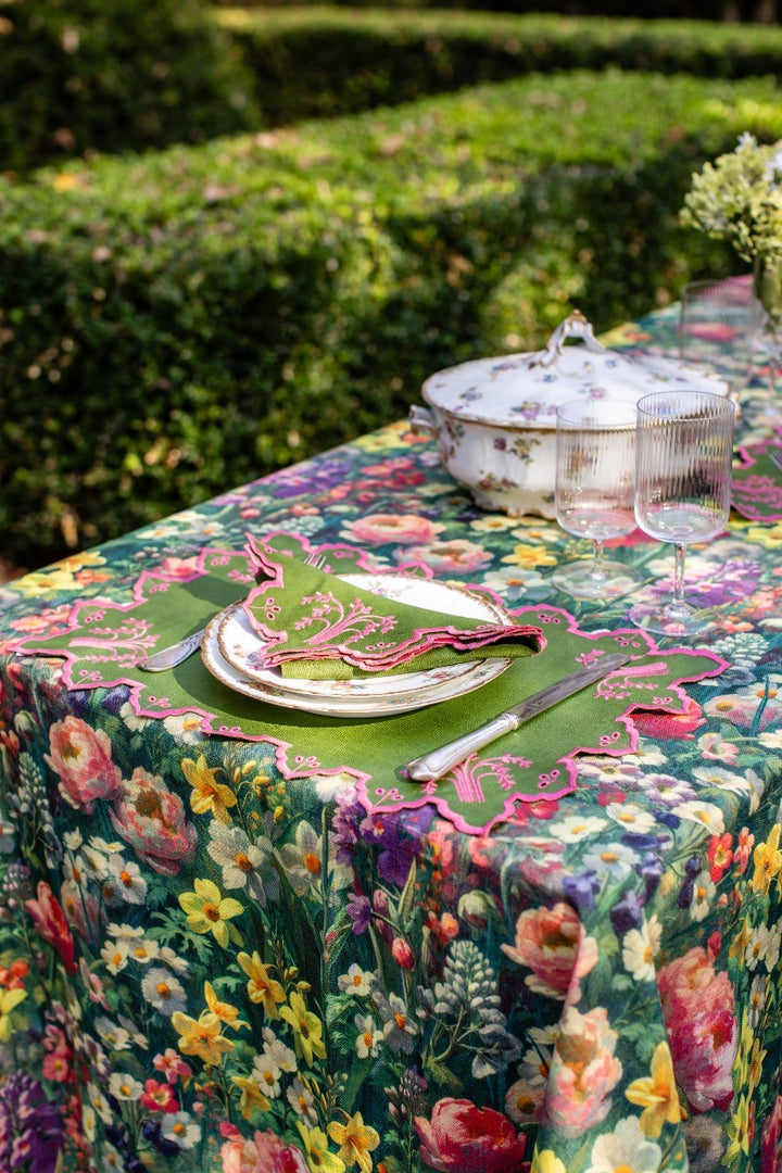 Valentina Linen Napkins- Green w/ Fuchsia Trim (Set of 4)